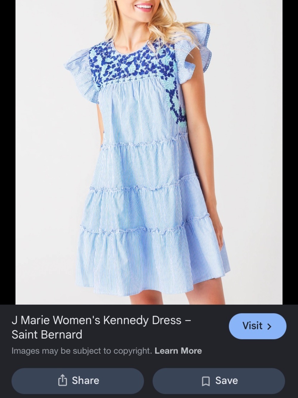 J Marie Blue Striped Ruffle-Sleeve Tiered Dress with Blue Embroidery size small